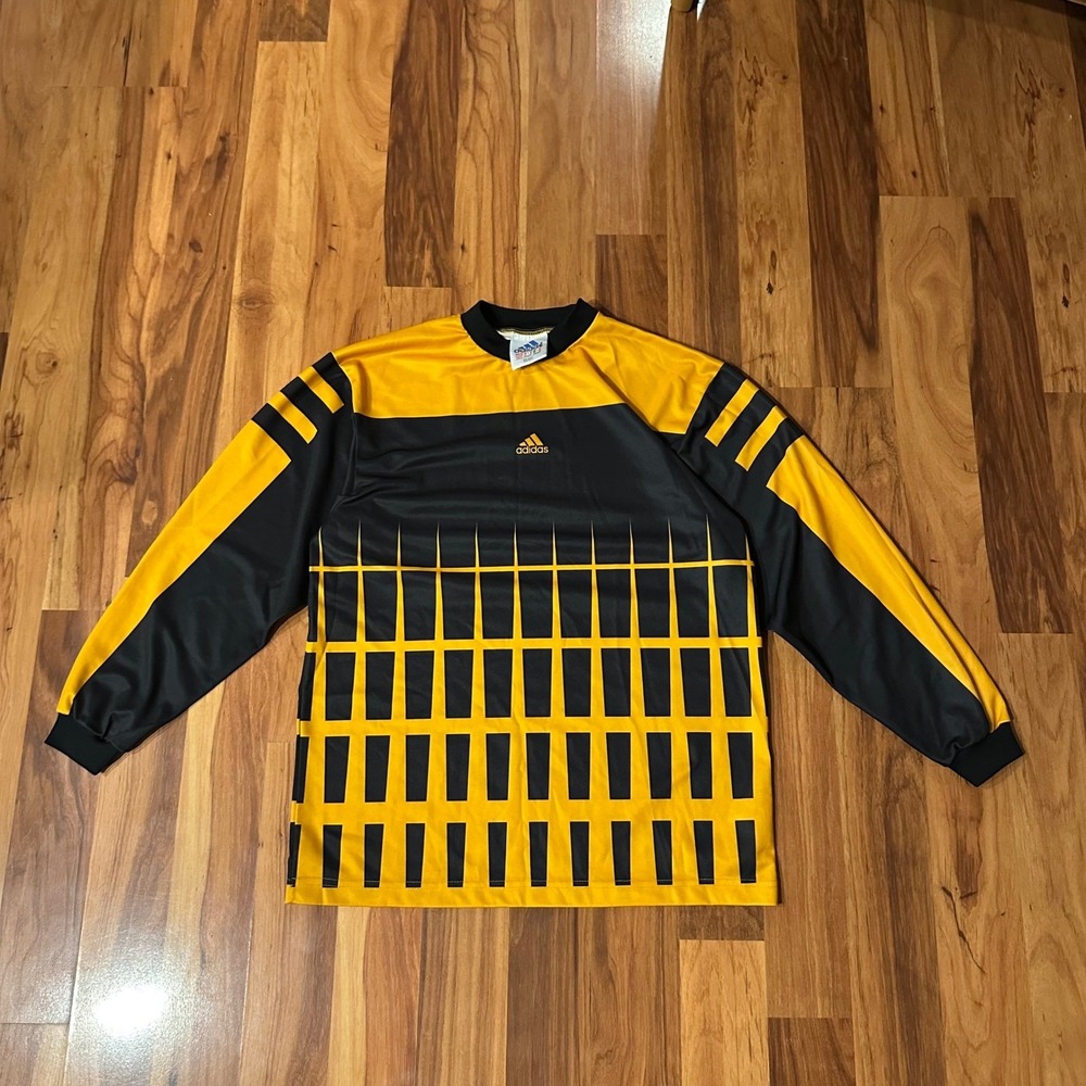 Vintage Adidas Soccer Goalie Jersey Mens Small Yellow Black Long Sleeve Grid